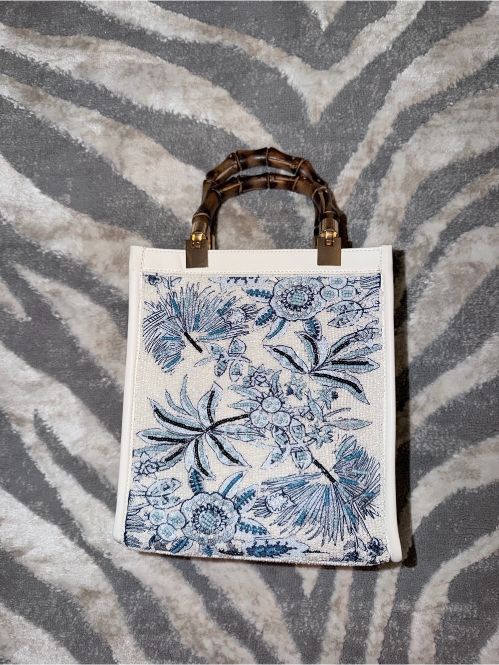 White Floral Embroidered Tote with Bamboo Handles